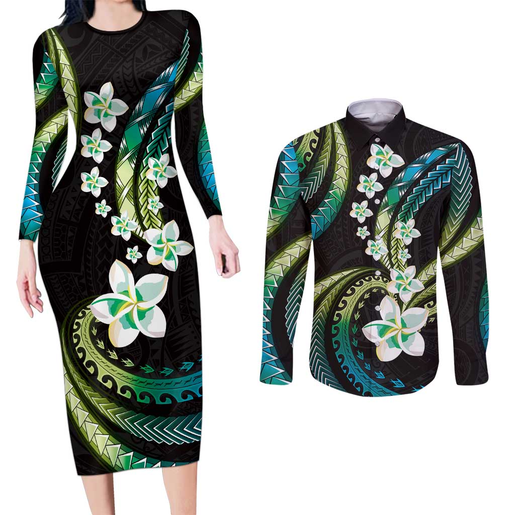 Hawaii Plumeria Couples Matching Long Sleeve Bodycon Dress and Long Sleeve Button Shirt Chartreuse Cyan Polynesian Pattern