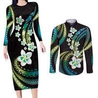 Hawaii Plumeria Couples Matching Long Sleeve Bodycon Dress and Long Sleeve Button Shirt Chartreuse Cyan Polynesian Pattern