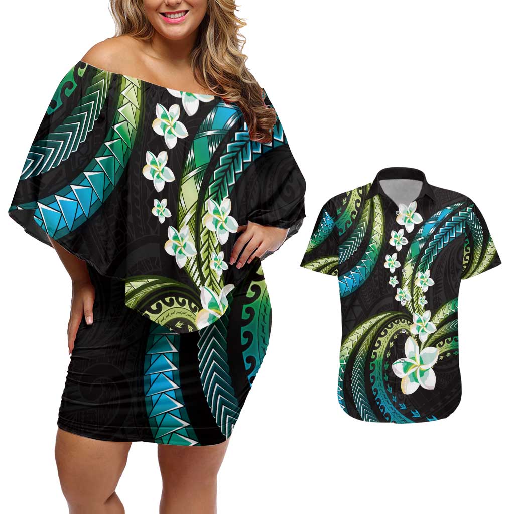 Hawaii Plumeria Couples Matching Off Shoulder Short Dress and Hawaiian Shirt Chartreuse Cyan Polynesian Pattern