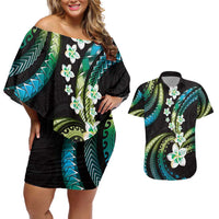 Hawaii Plumeria Couples Matching Off Shoulder Short Dress and Hawaiian Shirt Chartreuse Cyan Polynesian Pattern