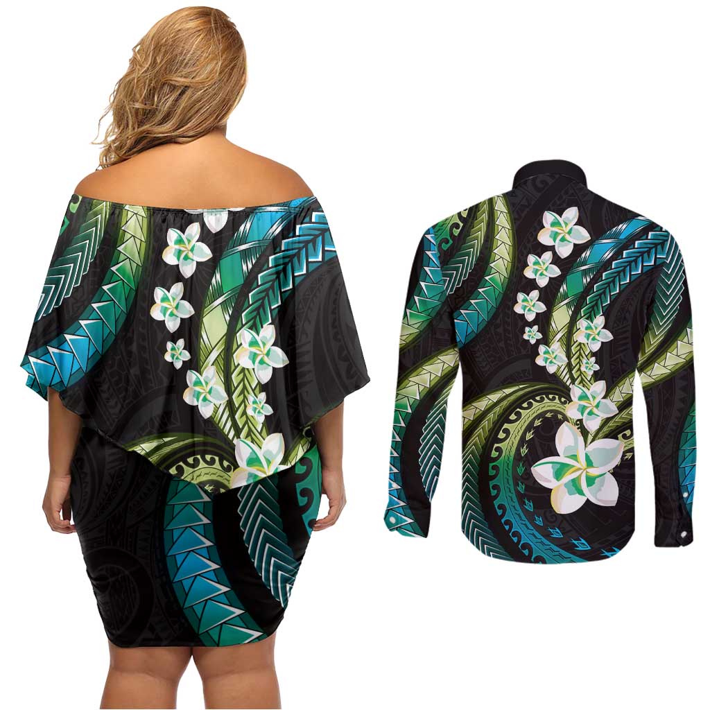 Hawaii Plumeria Couples Matching Off Shoulder Short Dress and Long Sleeve Button Shirt Chartreuse Cyan Polynesian Pattern