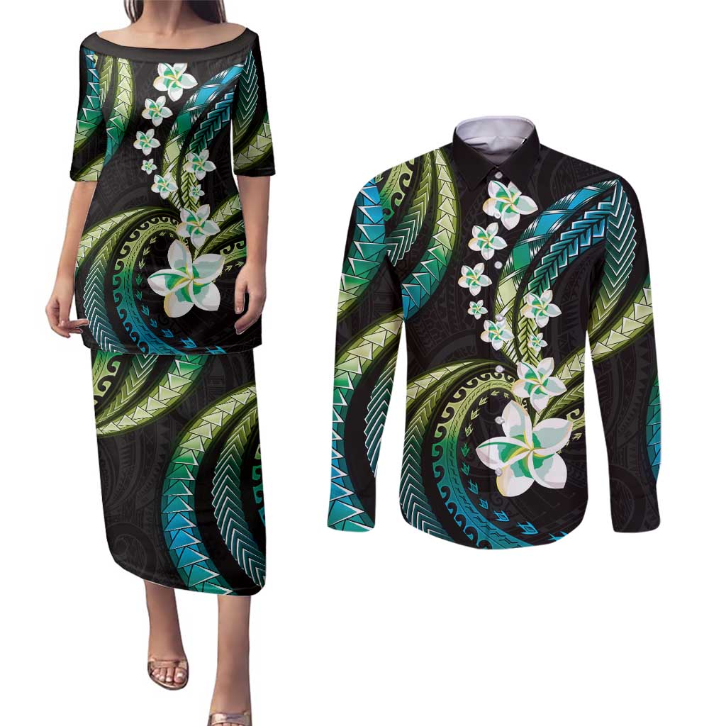 Hawaii Plumeria Couples Matching Puletasi and Long Sleeve Button Shirt Chartreuse Cyan Polynesian Pattern LT01 Cyan - Polynesian Pride