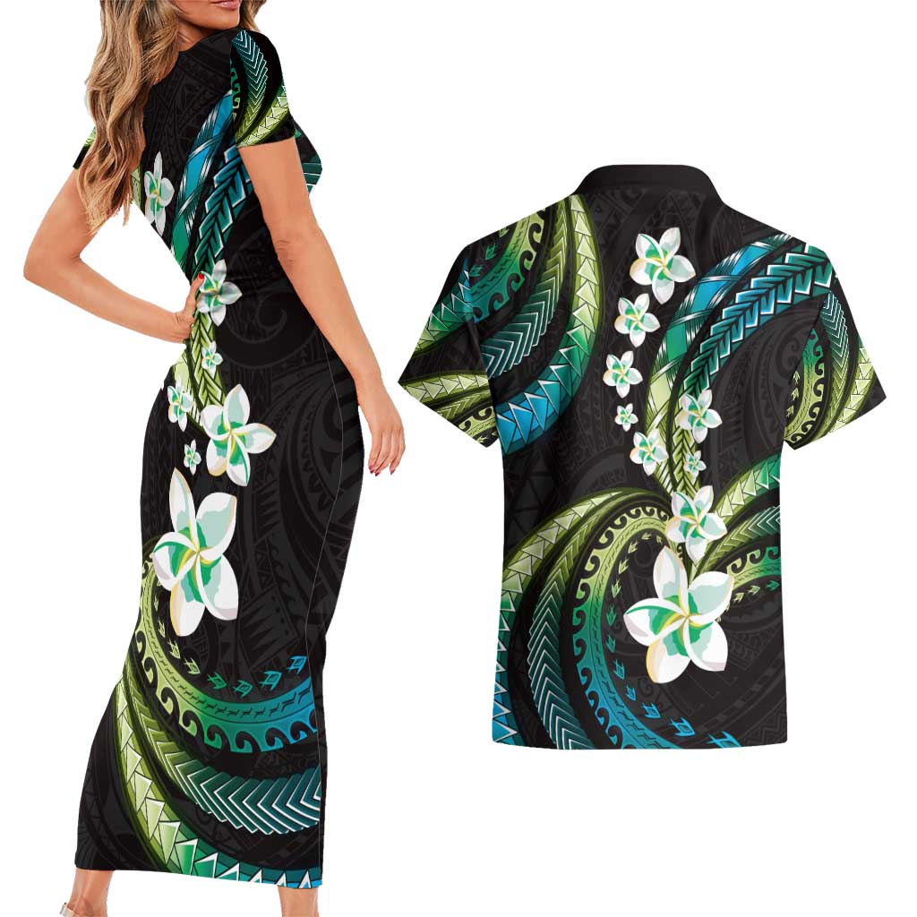 Hawaii Plumeria Couples Matching Short Sleeve Bodycon Dress and Hawaiian Shirt Chartreuse Cyan Polynesian Pattern