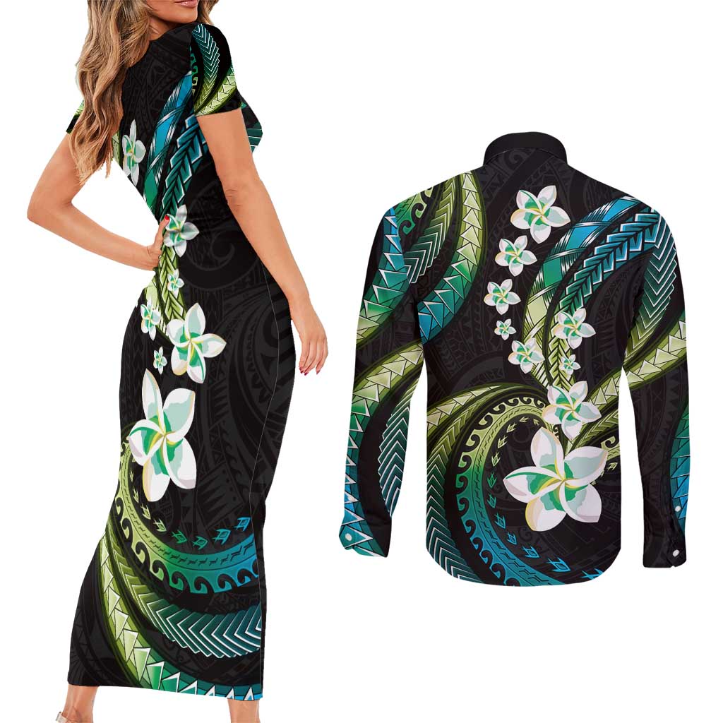 Hawaii Plumeria Couples Matching Short Sleeve Bodycon Dress and Long Sleeve Button Shirt Chartreuse Cyan Polynesian Pattern