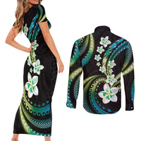 Hawaii Plumeria Couples Matching Short Sleeve Bodycon Dress and Long Sleeve Button Shirt Chartreuse Cyan Polynesian Pattern