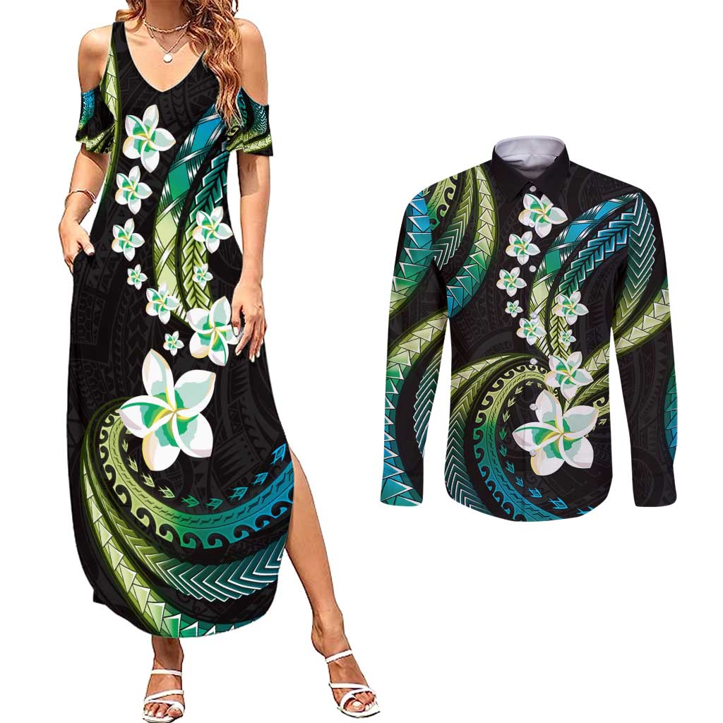 Hawaii Plumeria Couples Matching Summer Maxi Dress and Long Sleeve Button Shirt Chartreuse Cyan Polynesian Pattern