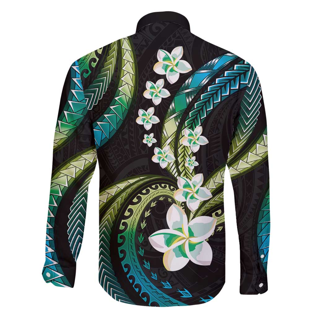 Hawaii Plumeria Family Matching Long Sleeve Bodycon Dress and Hawaiian Shirt Chartreuse Cyan Polynesian Pattern