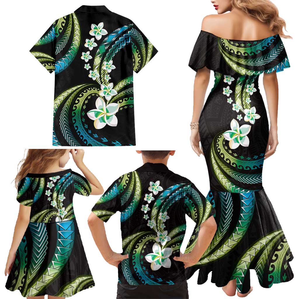 Hawaii Plumeria Family Matching Mermaid Dress and Hawaiian Shirt Chartreuse Cyan Polynesian Pattern LT01 - Polynesian Pride