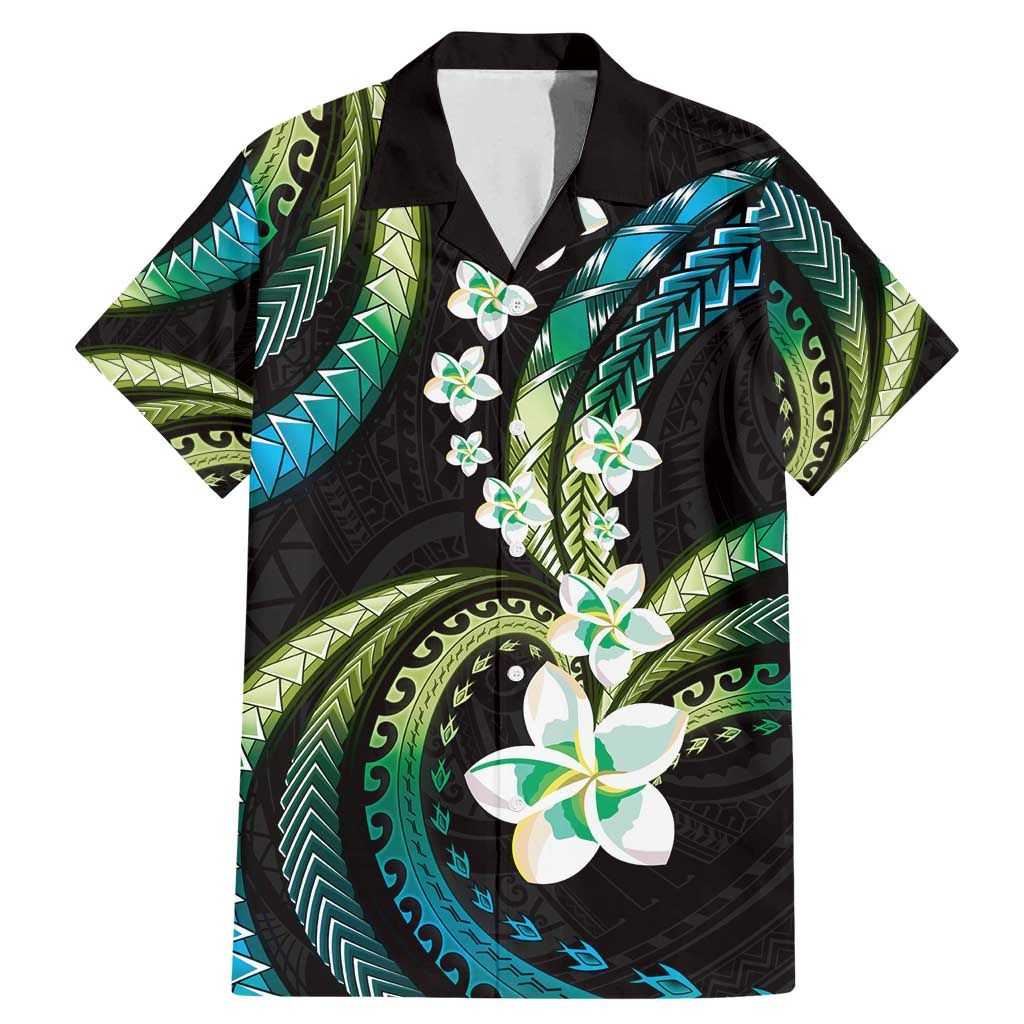 Hawaii Plumeria Family Matching Mermaid Dress and Hawaiian Shirt Chartreuse Cyan Polynesian Pattern LT01 Dad's Shirt - Short Sleeve Cyan - Polynesian Pride