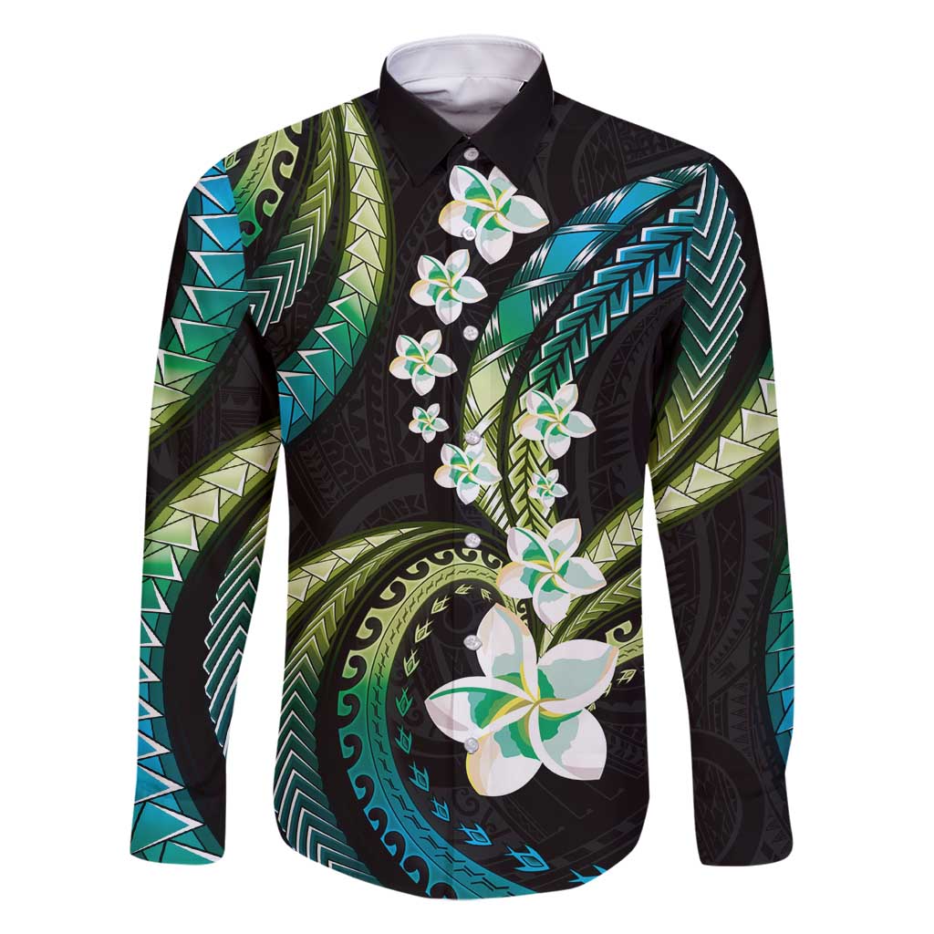 Hawaii Plumeria Family Matching Mermaid Dress and Hawaiian Shirt Chartreuse Cyan Polynesian Pattern LT01 Dad's Shirt - Long Sleeve Cyan - Polynesian Pride