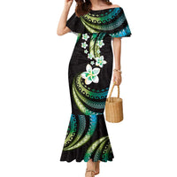 Hawaii Plumeria Family Matching Mermaid Dress and Hawaiian Shirt Chartreuse Cyan Polynesian Pattern LT01 Mom's Dress Cyan - Polynesian Pride