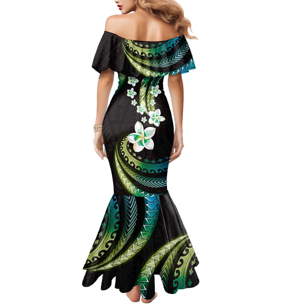 Hawaii Plumeria Family Matching Mermaid Dress and Hawaiian Shirt Chartreuse Cyan Polynesian Pattern LT01 - Polynesian Pride