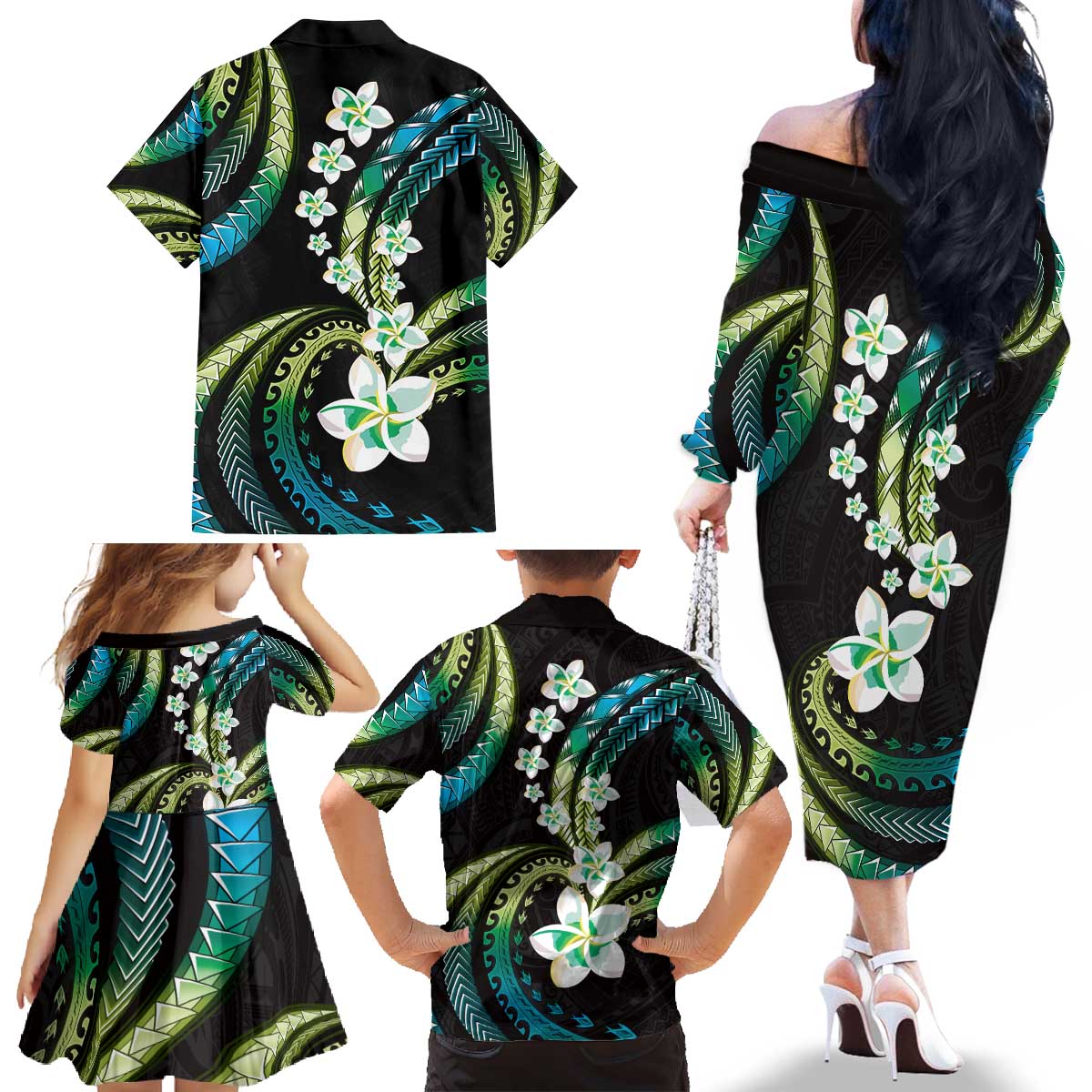 Hawaii Plumeria Family Matching Off The Shoulder Long Sleeve Dress and Hawaiian Shirt Chartreuse Cyan Polynesian Pattern