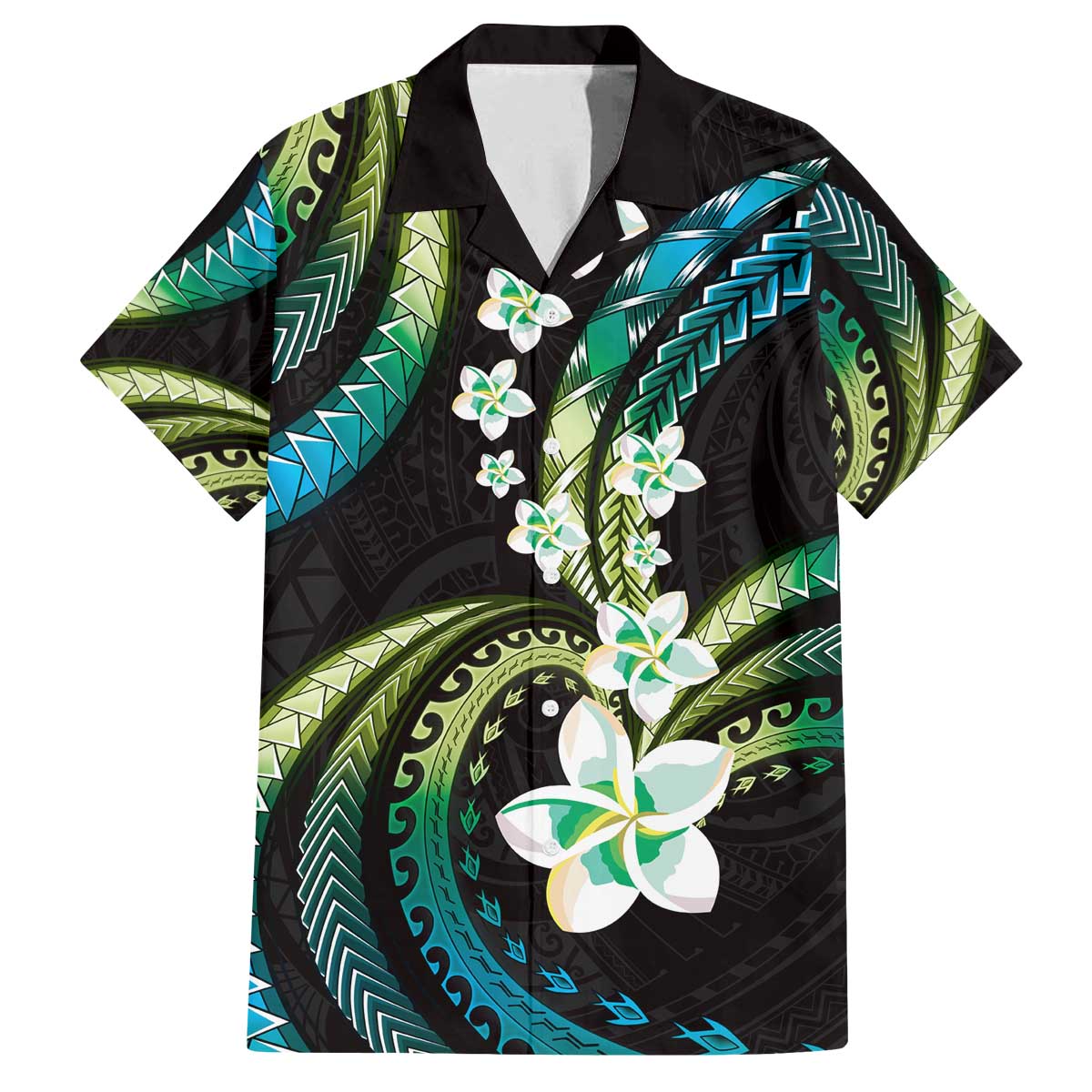 Hawaii Plumeria Family Matching Off The Shoulder Long Sleeve Dress and Hawaiian Shirt Chartreuse Cyan Polynesian Pattern
