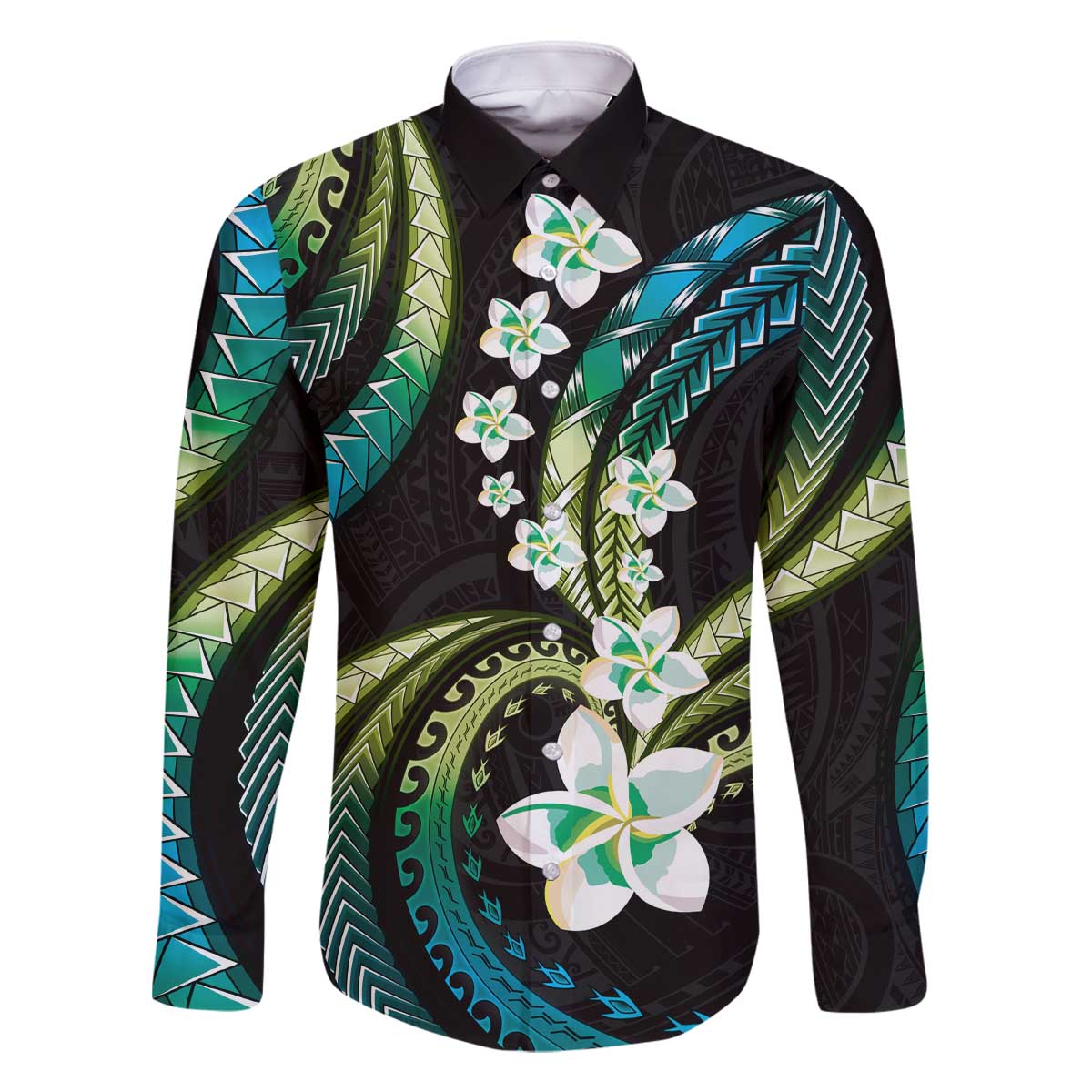Hawaii Plumeria Family Matching Off The Shoulder Long Sleeve Dress and Hawaiian Shirt Chartreuse Cyan Polynesian Pattern