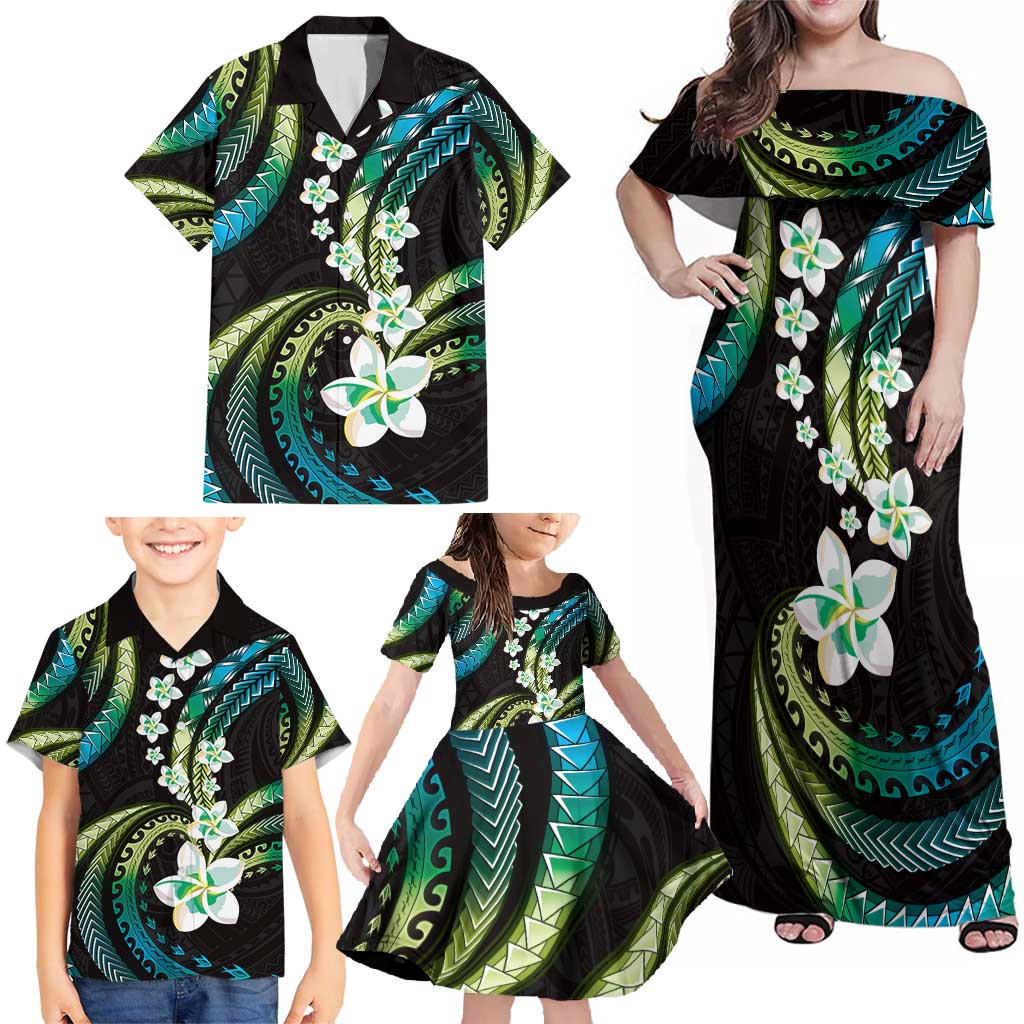 Hawaii Plumeria Family Matching Off Shoulder Maxi Dress and Hawaiian Shirt Chartreuse Cyan Polynesian Pattern LT01 - Polynesian Pride