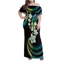 Hawaii Plumeria Family Matching Off Shoulder Maxi Dress and Hawaiian Shirt Chartreuse Cyan Polynesian Pattern LT01 Mom's Dress Cyan - Polynesian Pride
