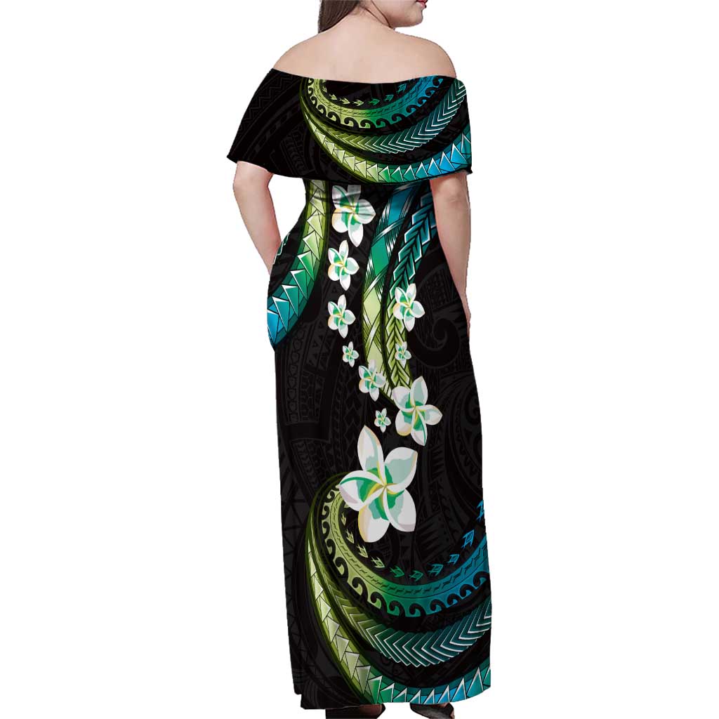 Hawaii Plumeria Family Matching Off Shoulder Maxi Dress and Hawaiian Shirt Chartreuse Cyan Polynesian Pattern LT01 - Polynesian Pride