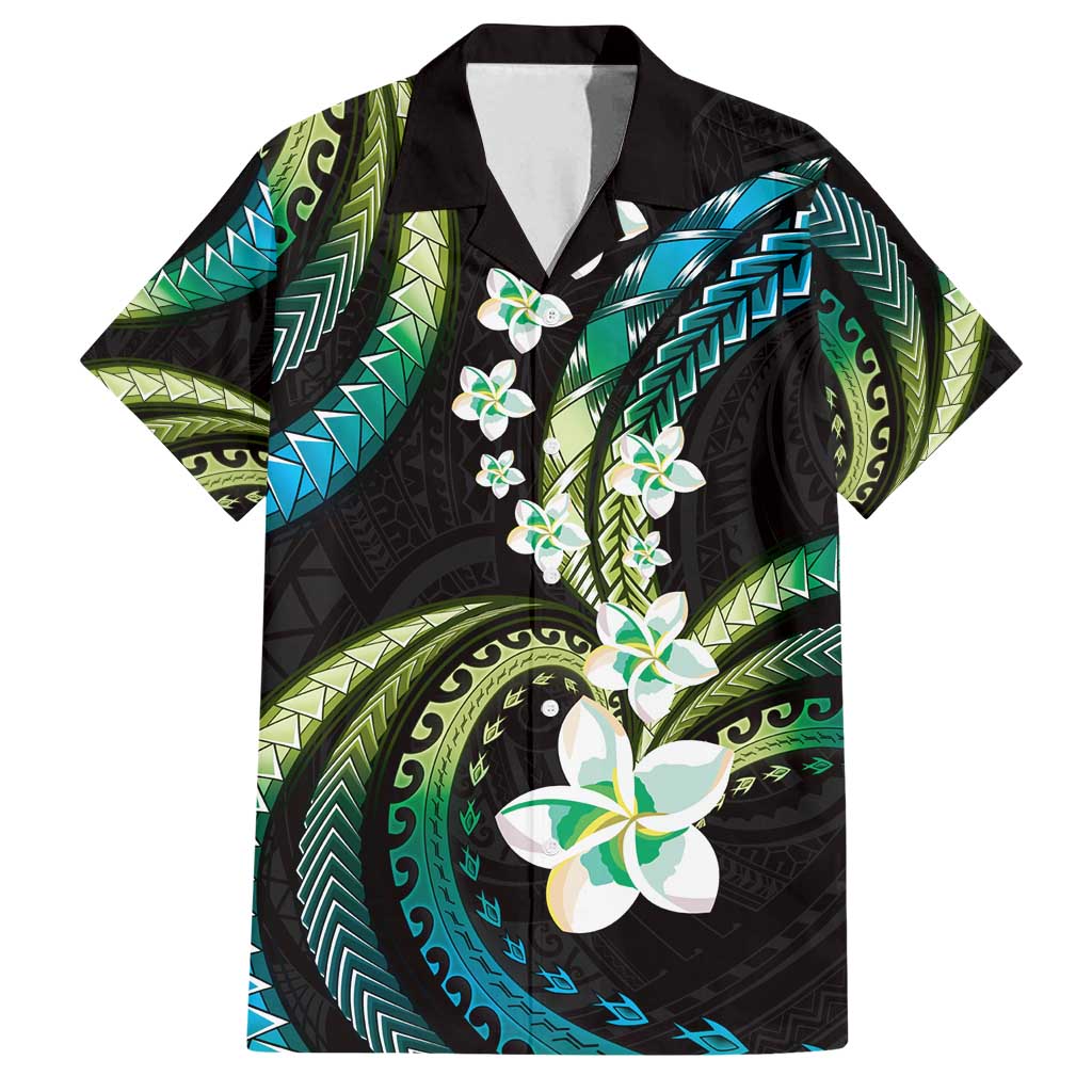 Hawaii Plumeria Family Matching Off Shoulder Short Dress and Hawaiian Shirt Chartreuse Cyan Polynesian Pattern
