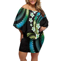 Hawaii Plumeria Family Matching Off Shoulder Short Dress and Hawaiian Shirt Chartreuse Cyan Polynesian Pattern