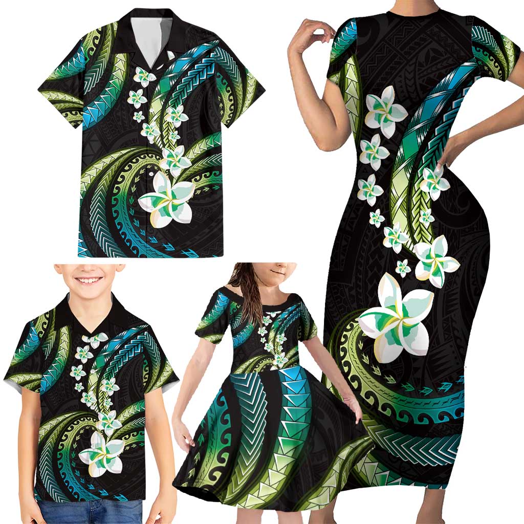 Hawaii Plumeria Family Matching Short Sleeve Bodycon Dress and Hawaiian Shirt Chartreuse Cyan Polynesian Pattern