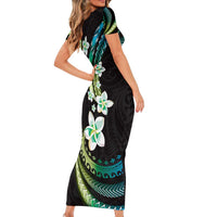 Hawaii Plumeria Family Matching Short Sleeve Bodycon Dress and Hawaiian Shirt Chartreuse Cyan Polynesian Pattern