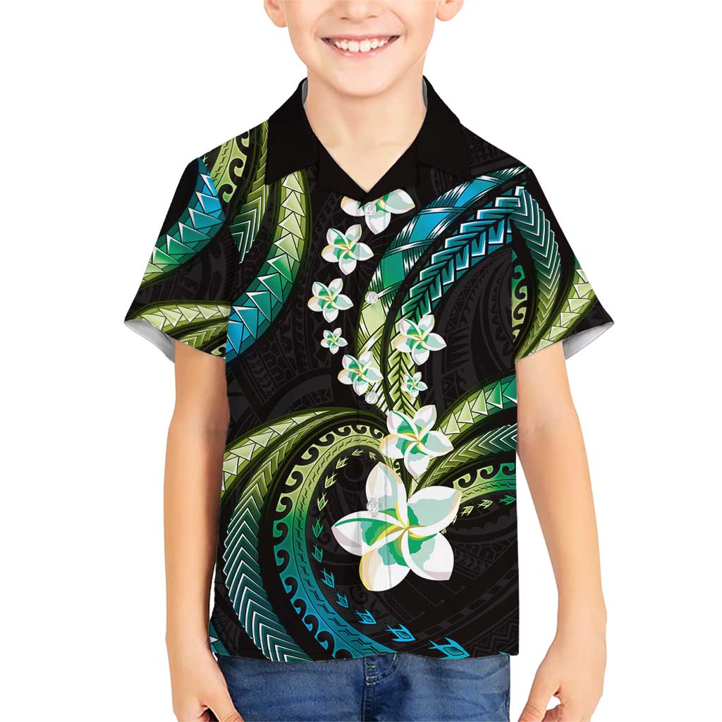 Hawaii Plumeria Family Matching Short Sleeve Bodycon Dress and Hawaiian Shirt Chartreuse Cyan Polynesian Pattern