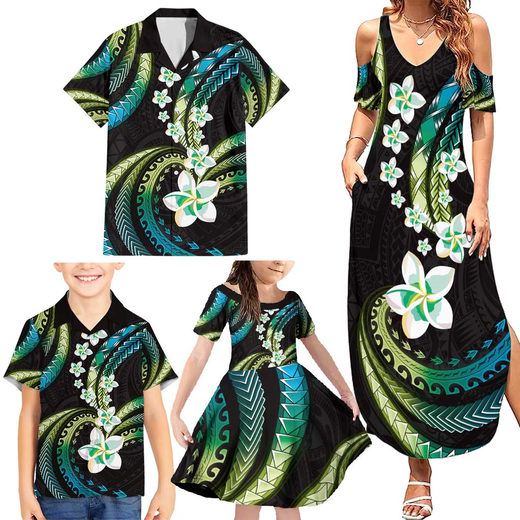 Hawaii Plumeria Family Matching Summer Maxi Dress and Hawaiian Shirt Chartreuse Cyan Polynesian Pattern