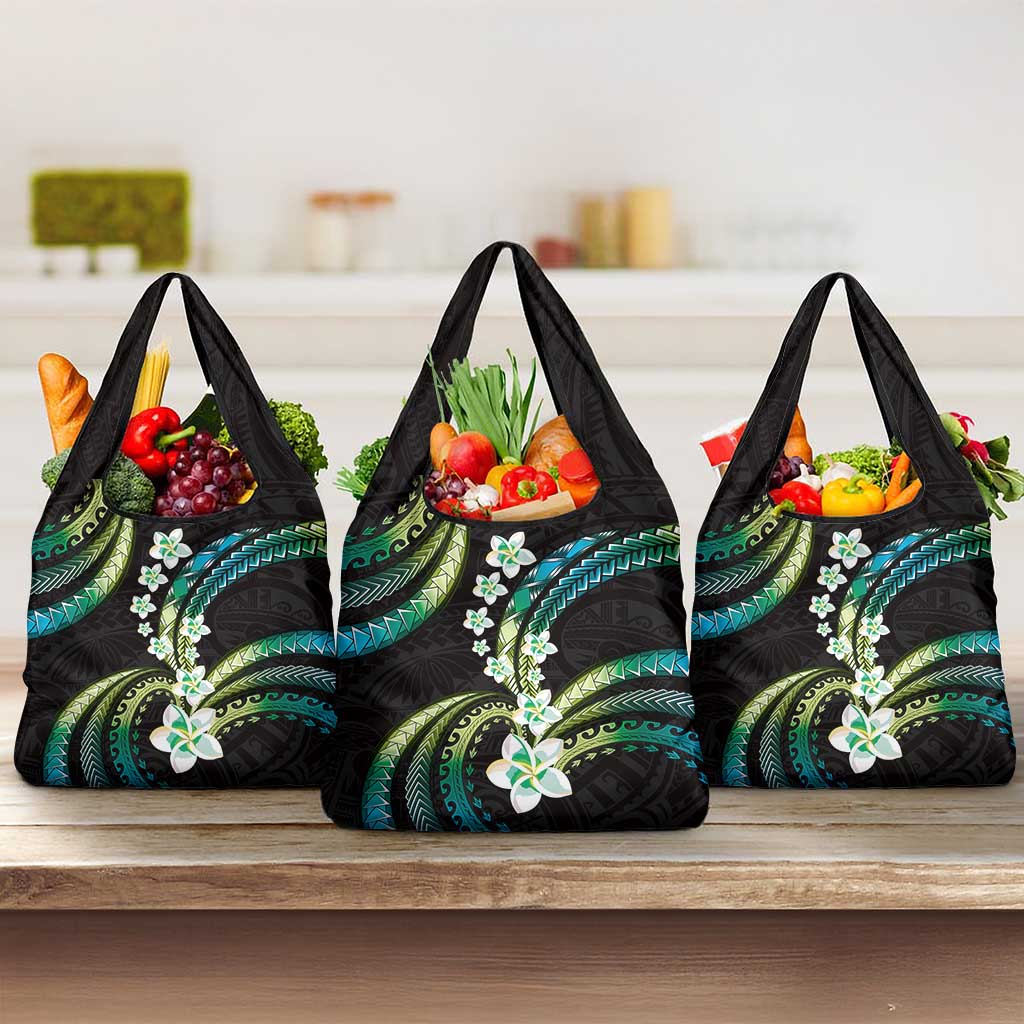 Hawaii Plumeria Grocery Bag Chartreuse Cyan Polynesian Pattern