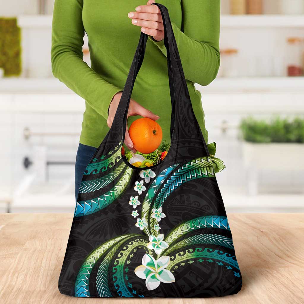 Hawaii Plumeria Grocery Bag Chartreuse Cyan Polynesian Pattern
