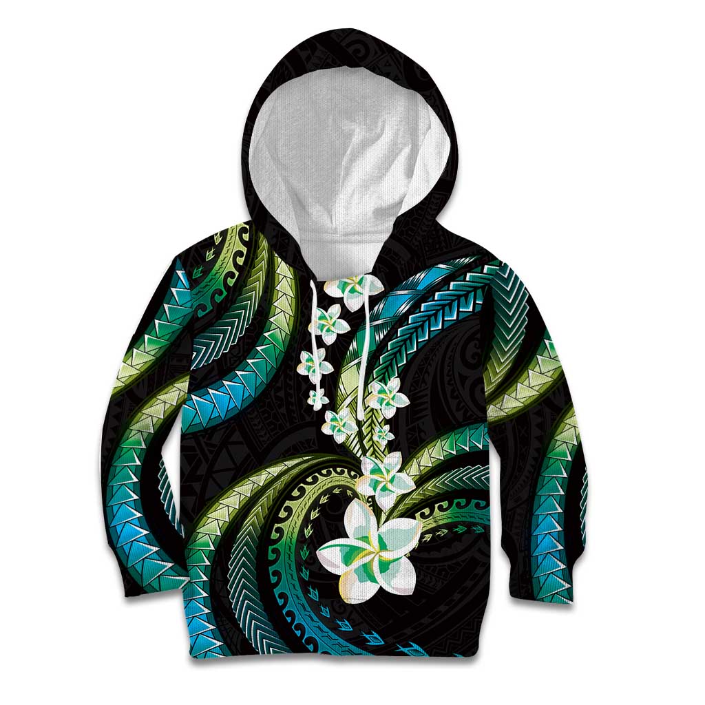 Hawaii Plumeria Kid Hoodie Chartreuse Cyan Polynesian Pattern LT01 Hoodie Cyan - Polynesian Pride