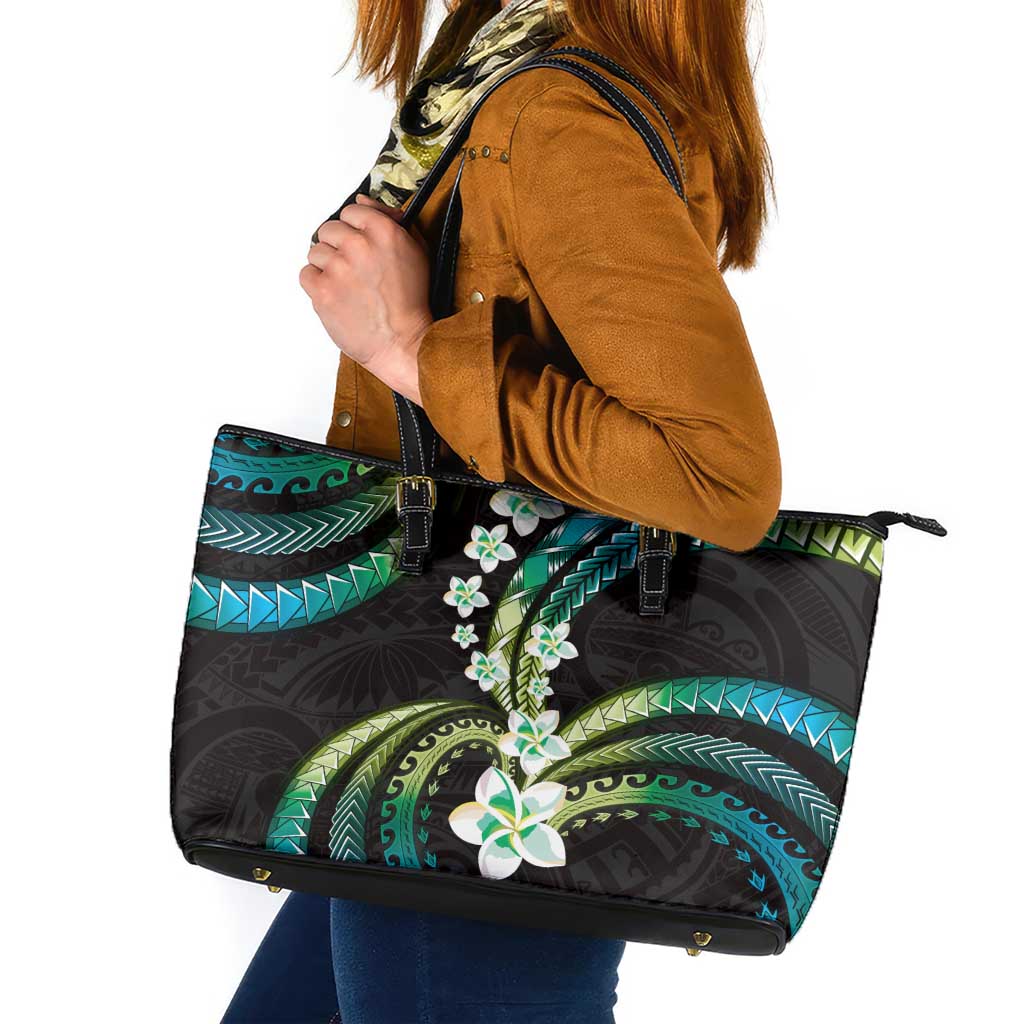 Hawaii Plumeria Leather Tote Bag Chartreuse Cyan Polynesian Pattern LT01 Cyan - Polynesian Pride