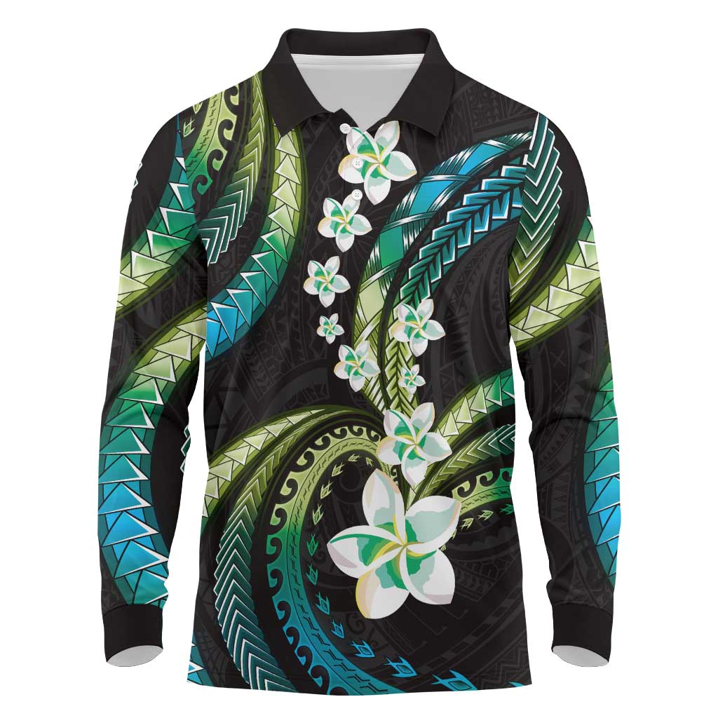 Hawaii Plumeria Long Sleeve Polo Shirt Chartreuse Cyan Polynesian Pattern LT01 Cyan - Polynesian Pride