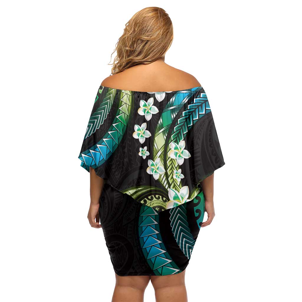 Hawaii Plumeria Off Shoulder Short Dress Chartreuse Cyan Polynesian Pattern LT01 - Polynesian Pride