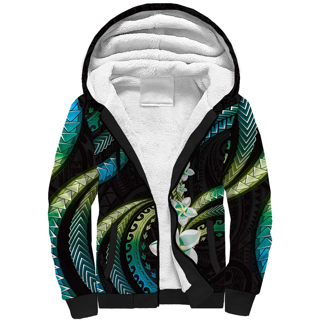 Hawaii Plumeria Sherpa Hoodie Chartreuse Cyan Polynesian Pattern LT01 Unisex Cyan - Polynesian Pride