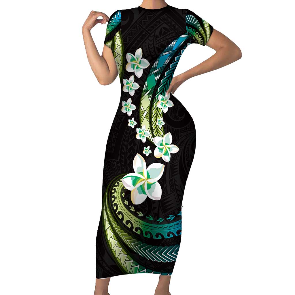Hawaii Plumeria Short Sleeve Bodycon Dress Chartreuse Cyan Polynesian Pattern LT01 Long Dress Cyan - Polynesian Pride