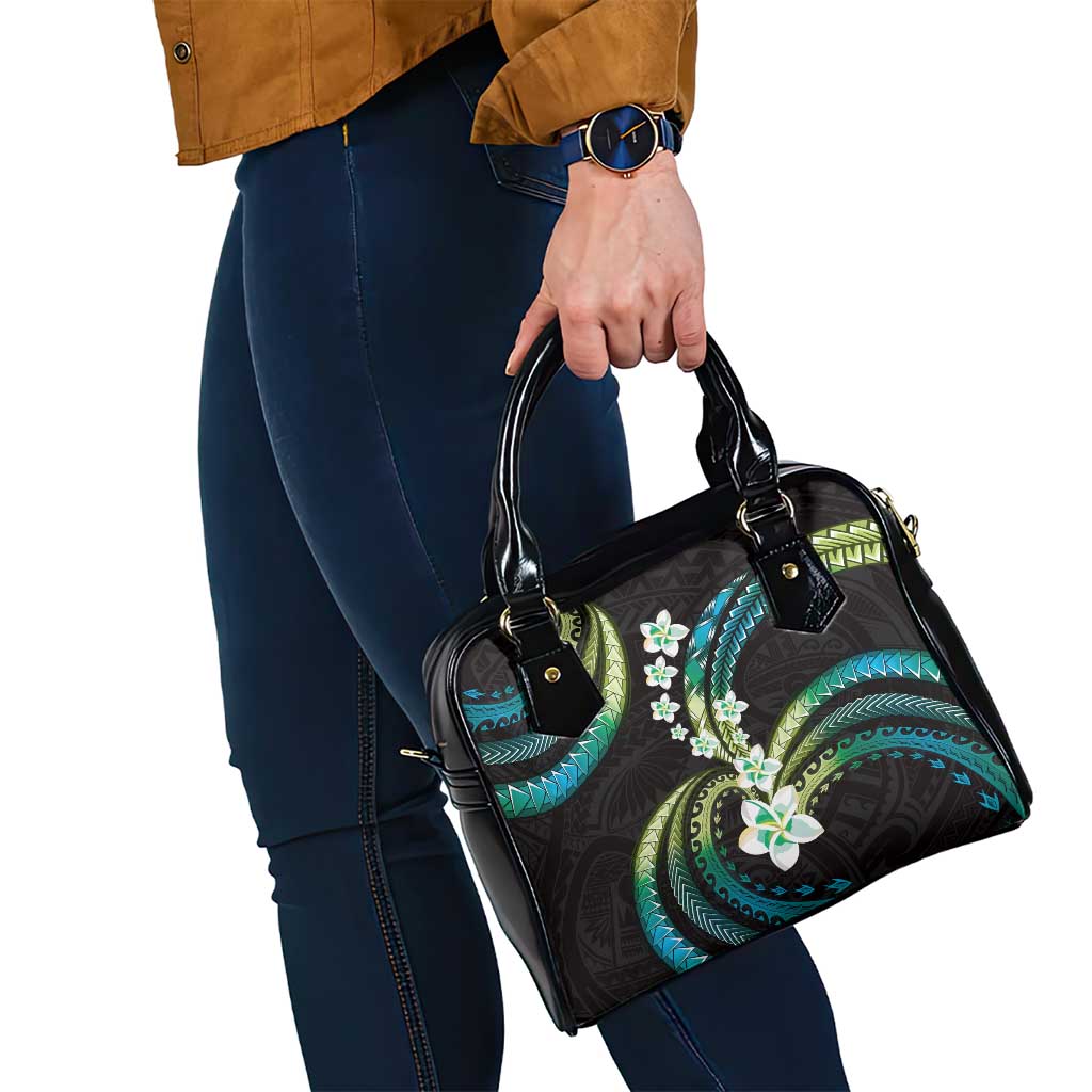 Hawaii Plumeria Shoulder Handbag Chartreuse Cyan Polynesian Pattern