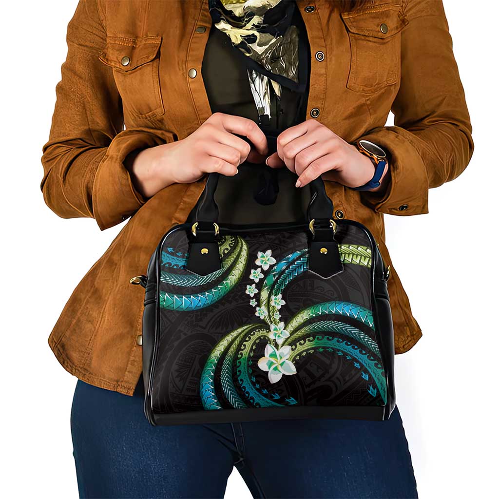 Hawaii Plumeria Shoulder Handbag Chartreuse Cyan Polynesian Pattern