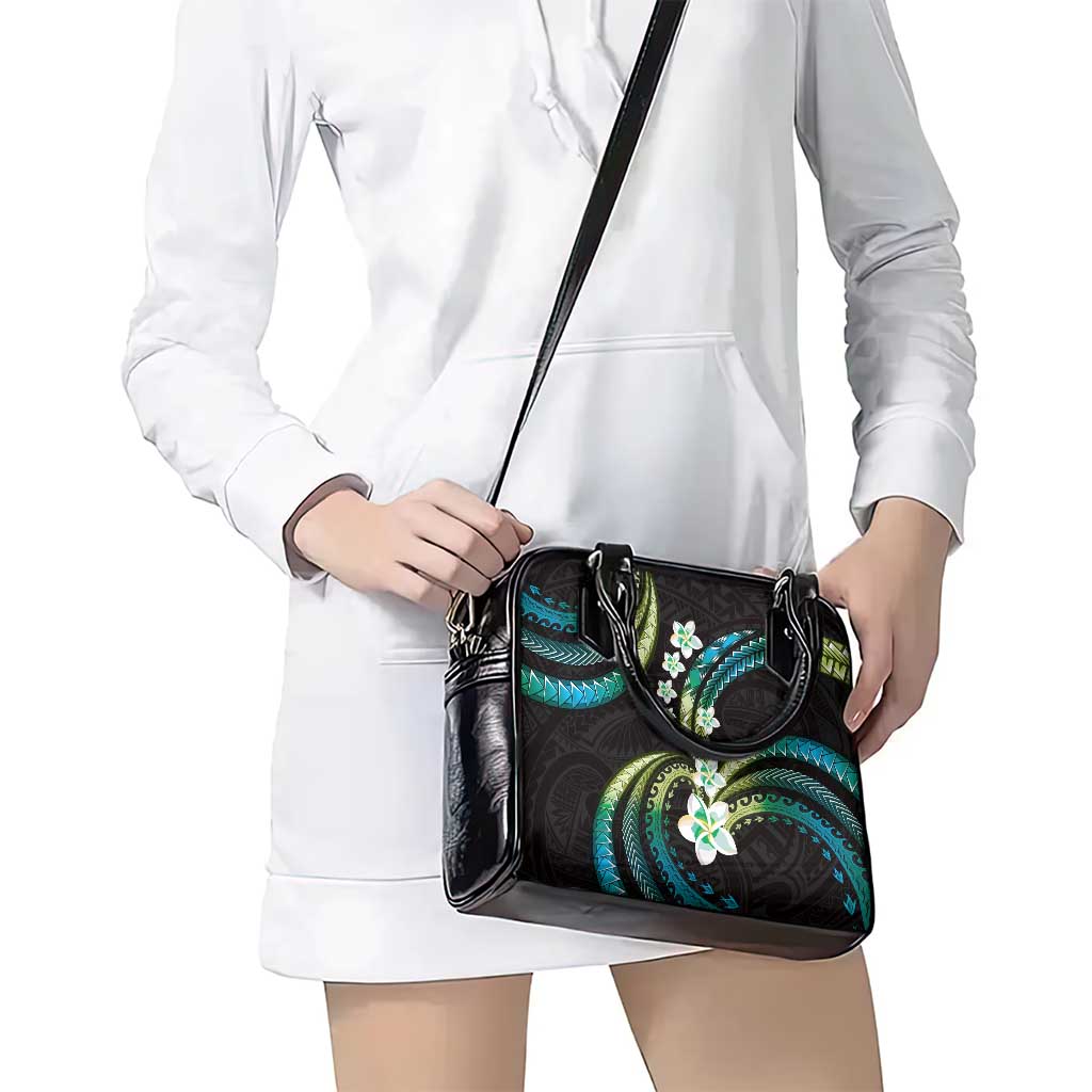 Hawaii Plumeria Shoulder Handbag Chartreuse Cyan Polynesian Pattern