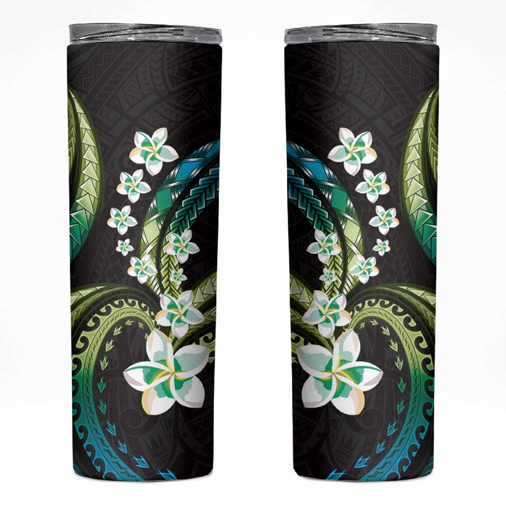 Hawaii Plumeria Skinny Tumbler Chartreuse Cyan Polynesian Pattern LT01 Cyan - Polynesian Pride