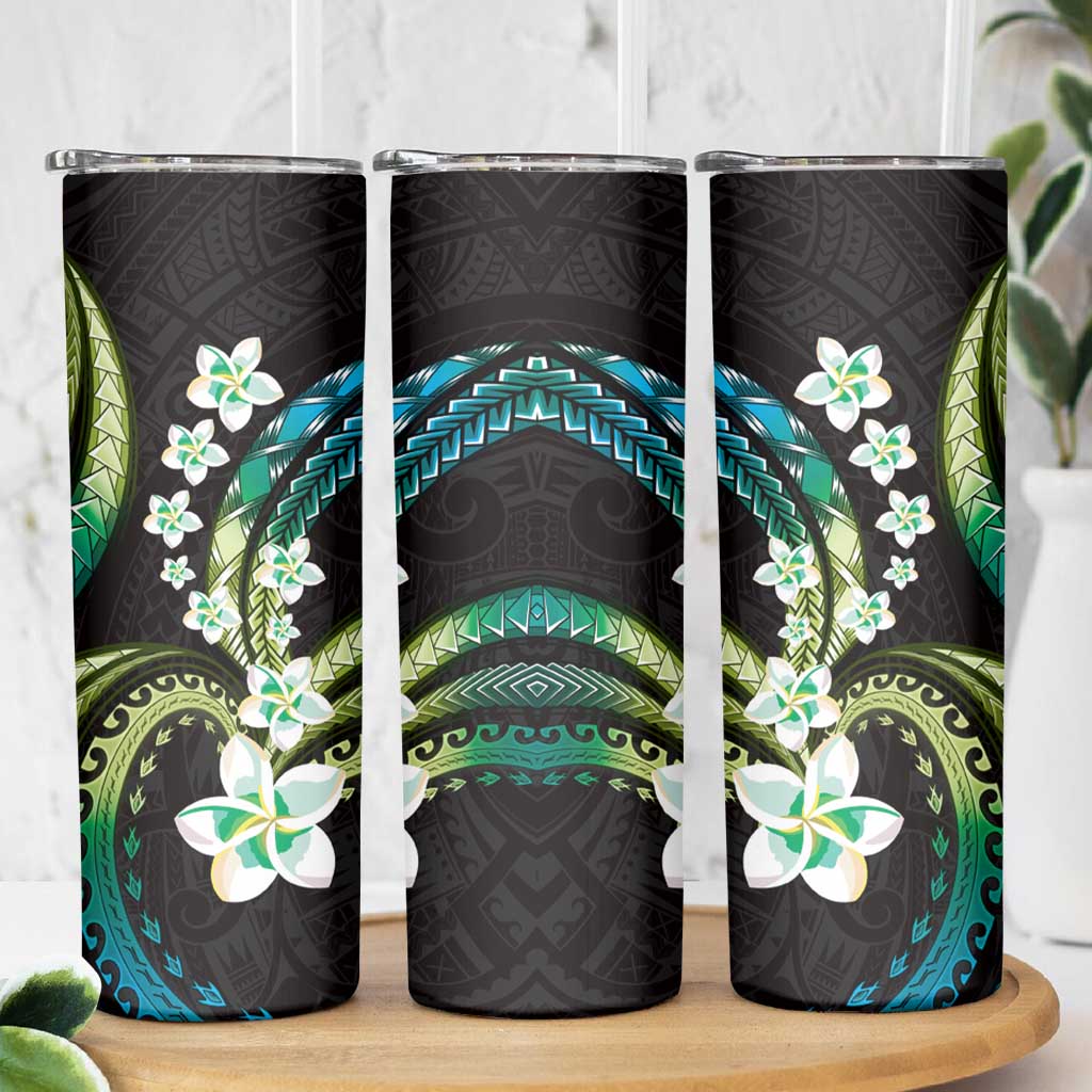 Hawaii Plumeria Skinny Tumbler Chartreuse Cyan Polynesian Pattern LT01 - Polynesian Pride