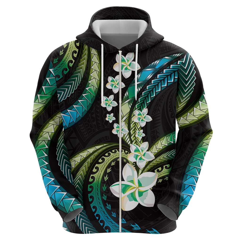 Hawaii Plumeria Zip Hoodie Chartreuse Cyan Polynesian Pattern LT01 - Polynesian Pride