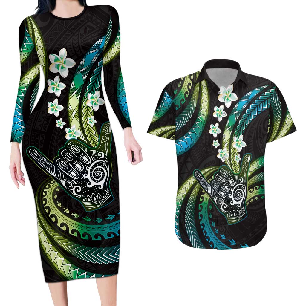 Hawaii Shaka Sign Couples Matching Long Sleeve Bodycon Dress and Hawaiian Shirt Fantastic Frangipani Chartreuse Cyan LT01 Cyan - Polynesian Pride