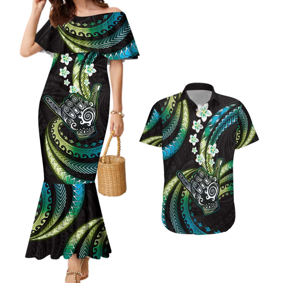 Hawaii Shaka Sign Couples Matching Mermaid Dress and Hawaiian Shirt Fantastic Frangipani Chartreuse Cyan LT01 Cyan - Polynesian Pride