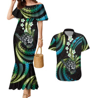 Hawaii Shaka Sign Couples Matching Mermaid Dress and Hawaiian Shirt Fantastic Frangipani Chartreuse Cyan LT01 Cyan - Polynesian Pride