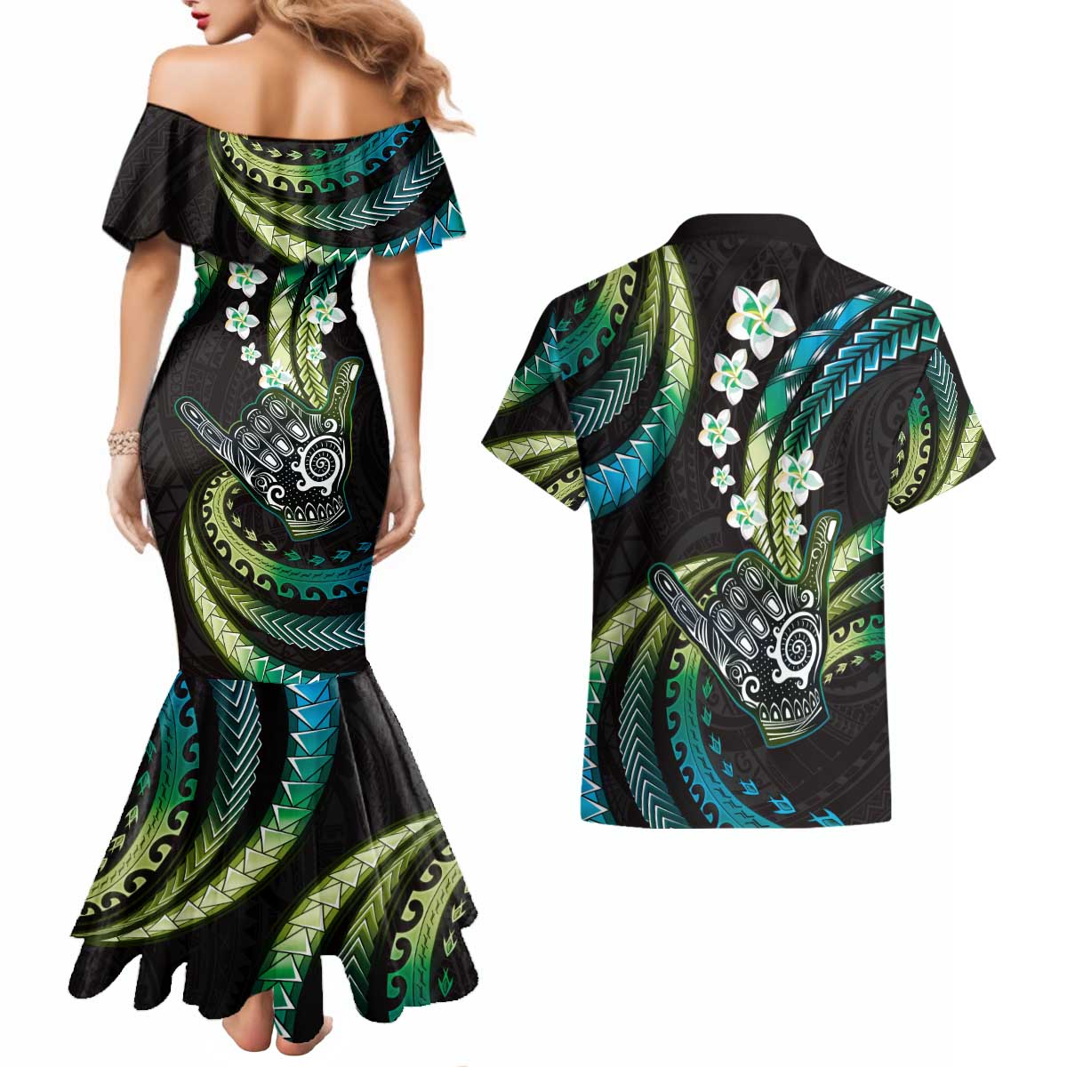 Hawaii Shaka Sign Couples Matching Mermaid Dress and Hawaiian Shirt Fantastic Frangipani Chartreuse Cyan LT01 - Polynesian Pride