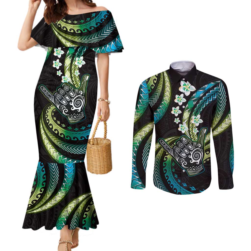 Hawaii Shaka Sign Couples Matching Mermaid Dress and Long Sleeve Button Shirt Fantastic Frangipani Chartreuse Cyan LT01 Cyan - Polynesian Pride