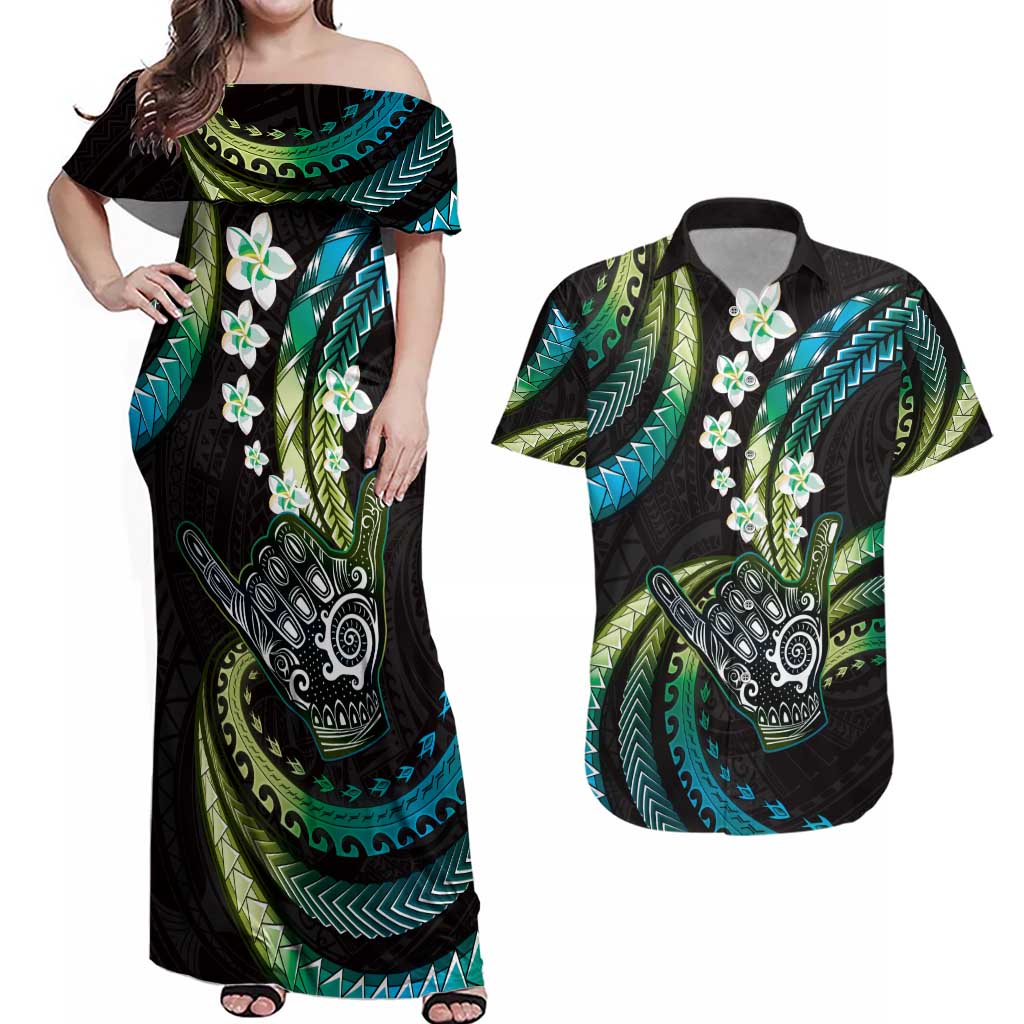 Hawaii Shaka Sign Couples Matching Off Shoulder Maxi Dress and Hawaiian Shirt Fantastic Frangipani Chartreuse Cyan LT01 Cyan - Polynesian Pride