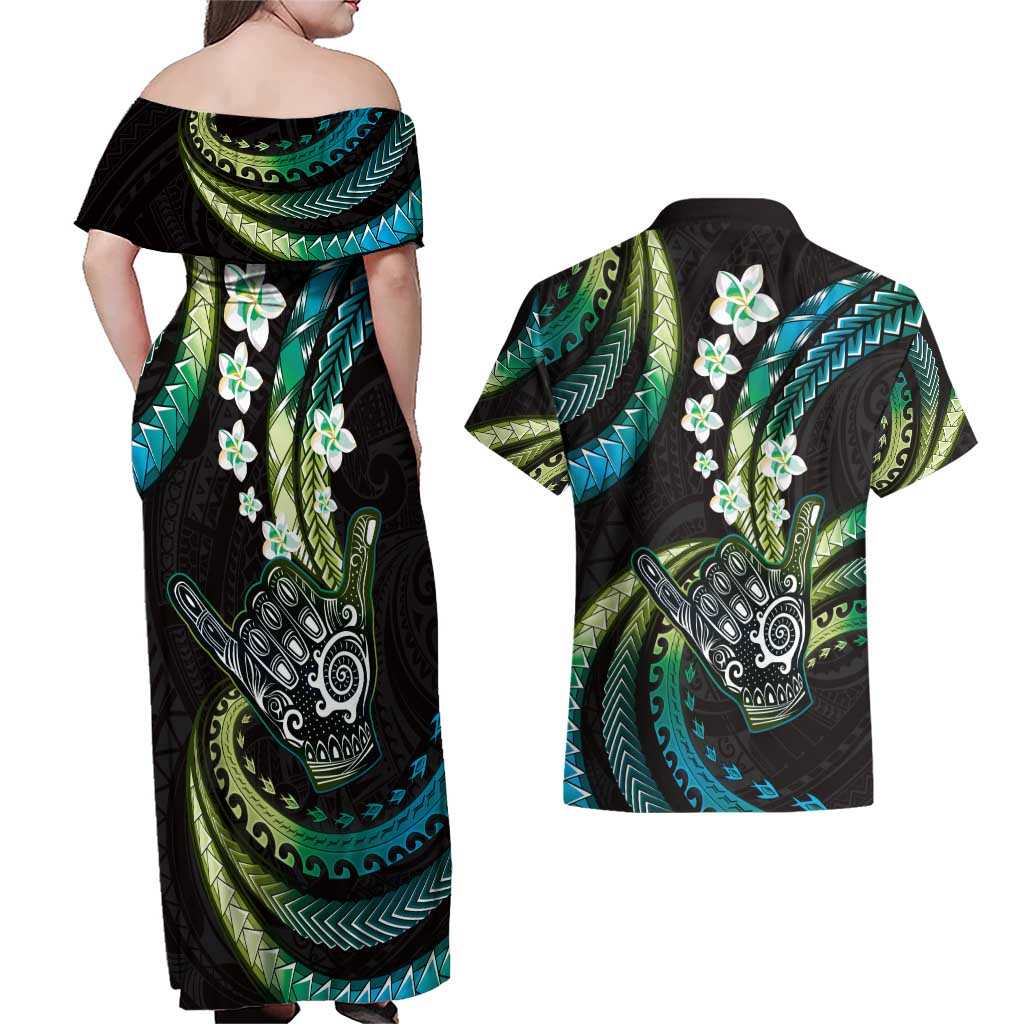Hawaii Shaka Sign Couples Matching Off Shoulder Maxi Dress and Hawaiian Shirt Fantastic Frangipani Chartreuse Cyan LT01 - Polynesian Pride