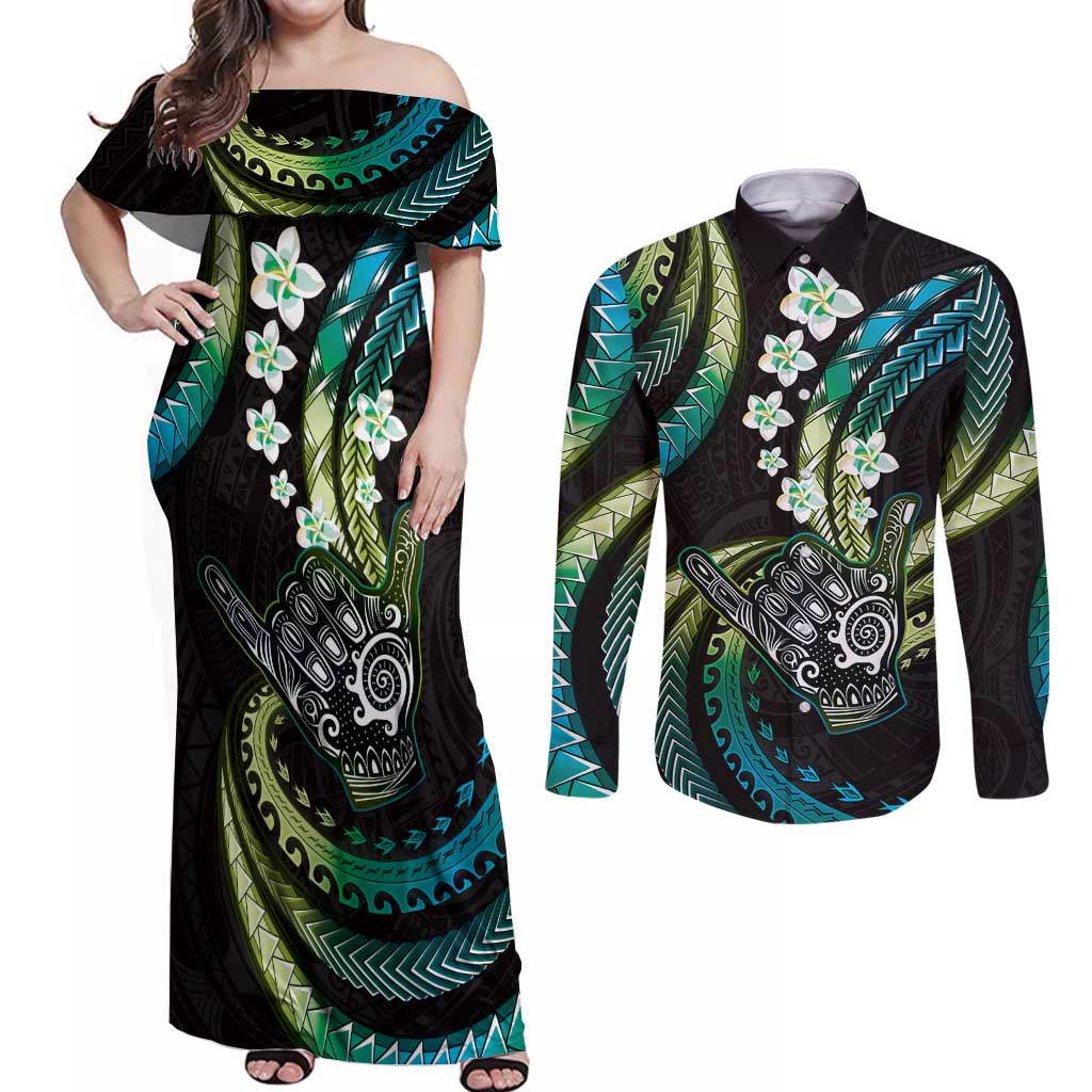 Hawaii Shaka Sign Couples Matching Off Shoulder Maxi Dress and Long Sleeve Button Shirt Fantastic Frangipani Chartreuse Cyan LT01 Cyan - Polynesian Pride